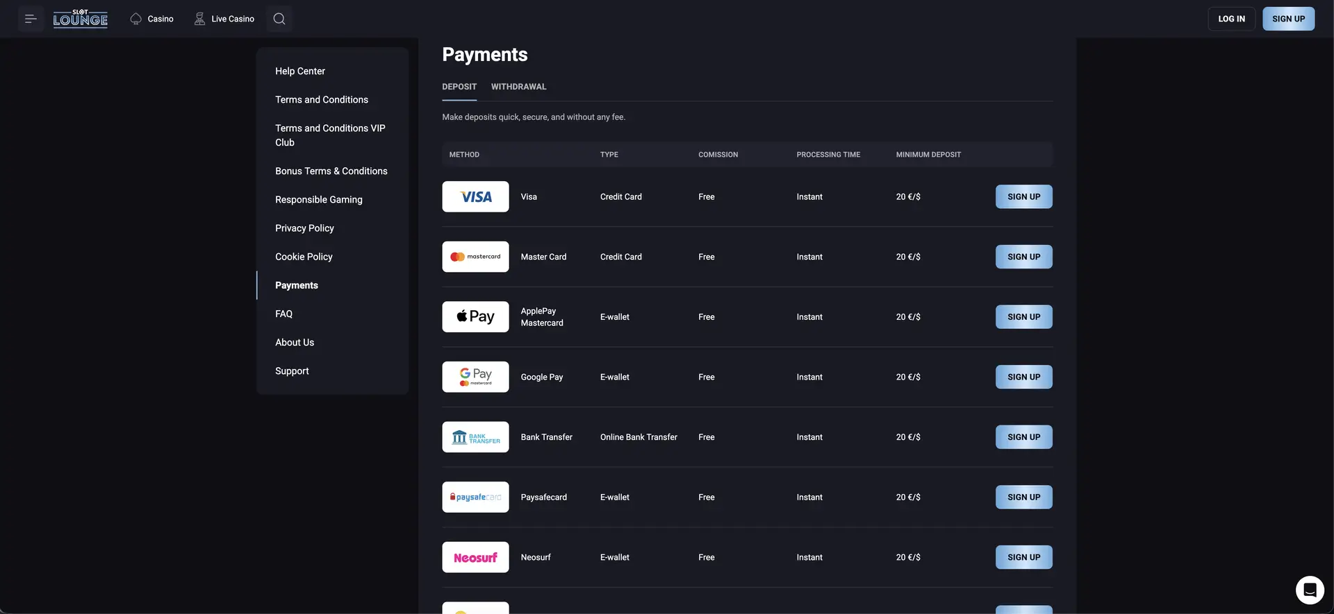 Slotlounge deposit methods
