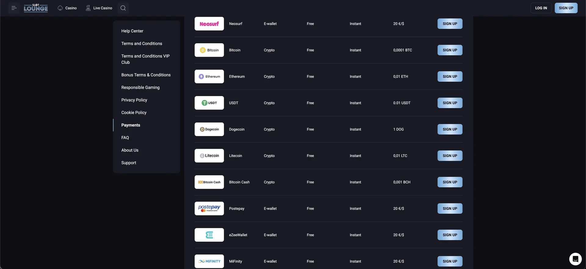Slotlounge card and crypto payouts
