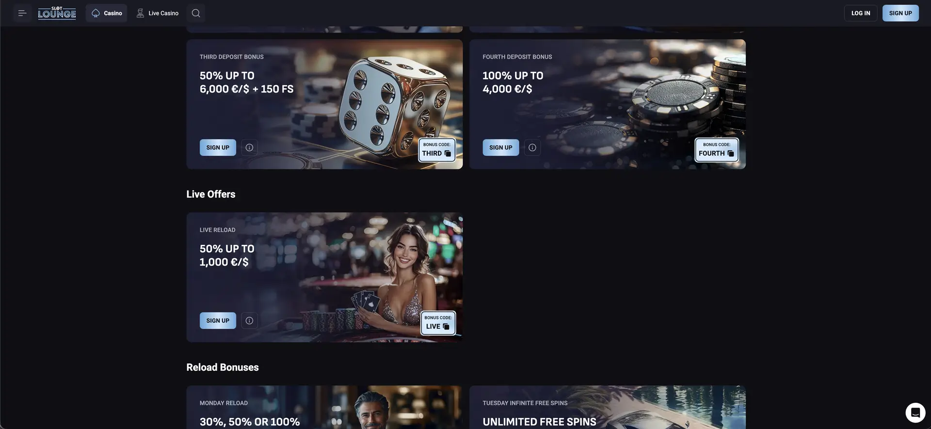 Slotlounge deposit and live casino bonuses